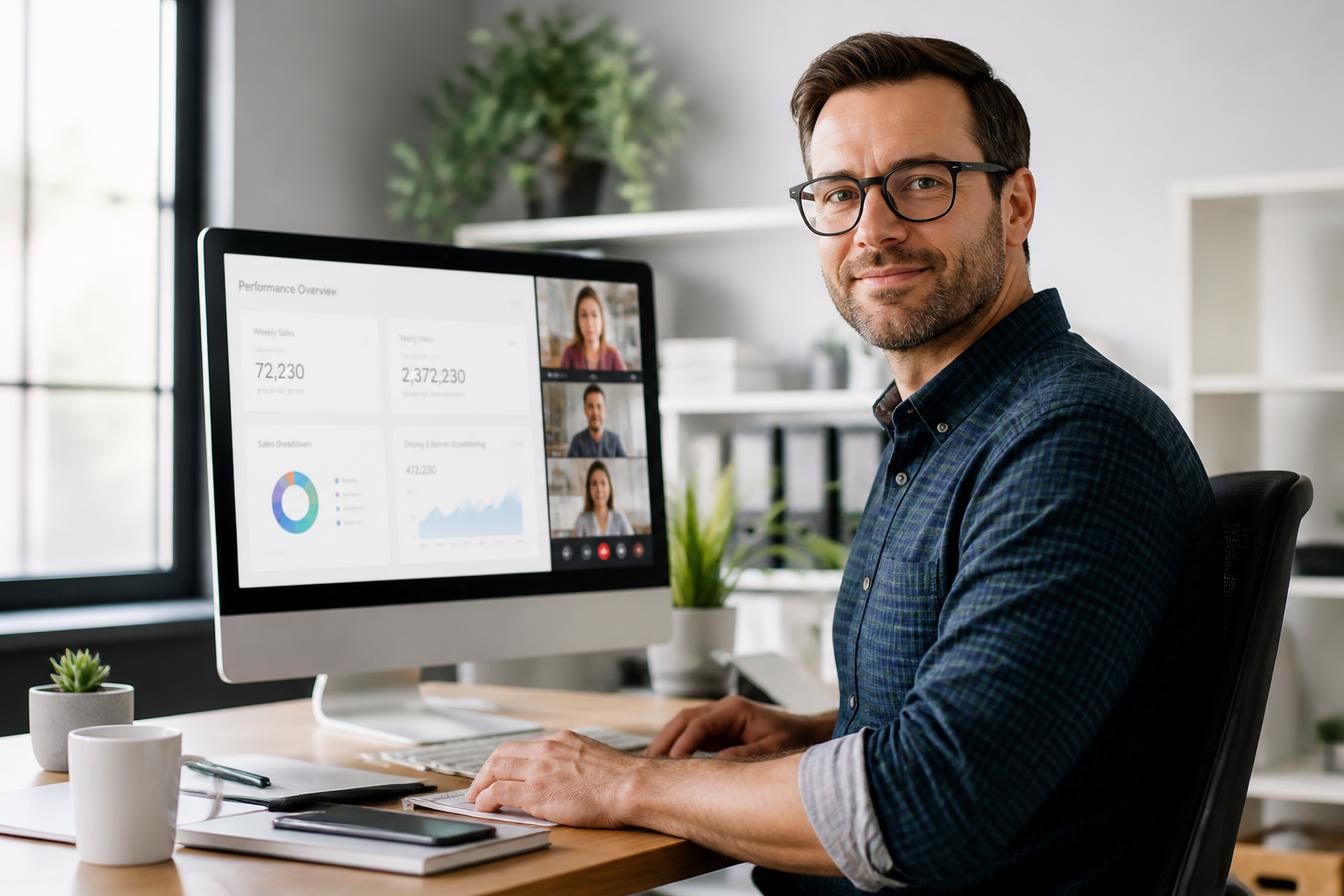 Small business owner using a desktop computer with a video meeting and performance dashboard, powered by reliable Optimum internet
