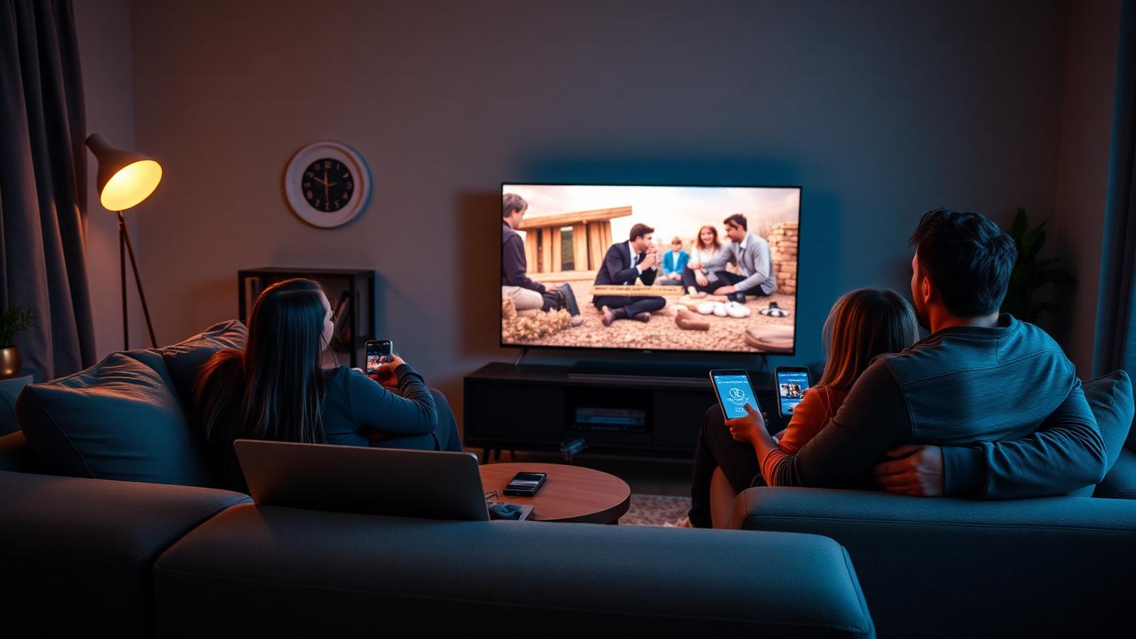 Family streaming a movie on a smart TV with laptops and phones connected to Optimum Wi-Fi