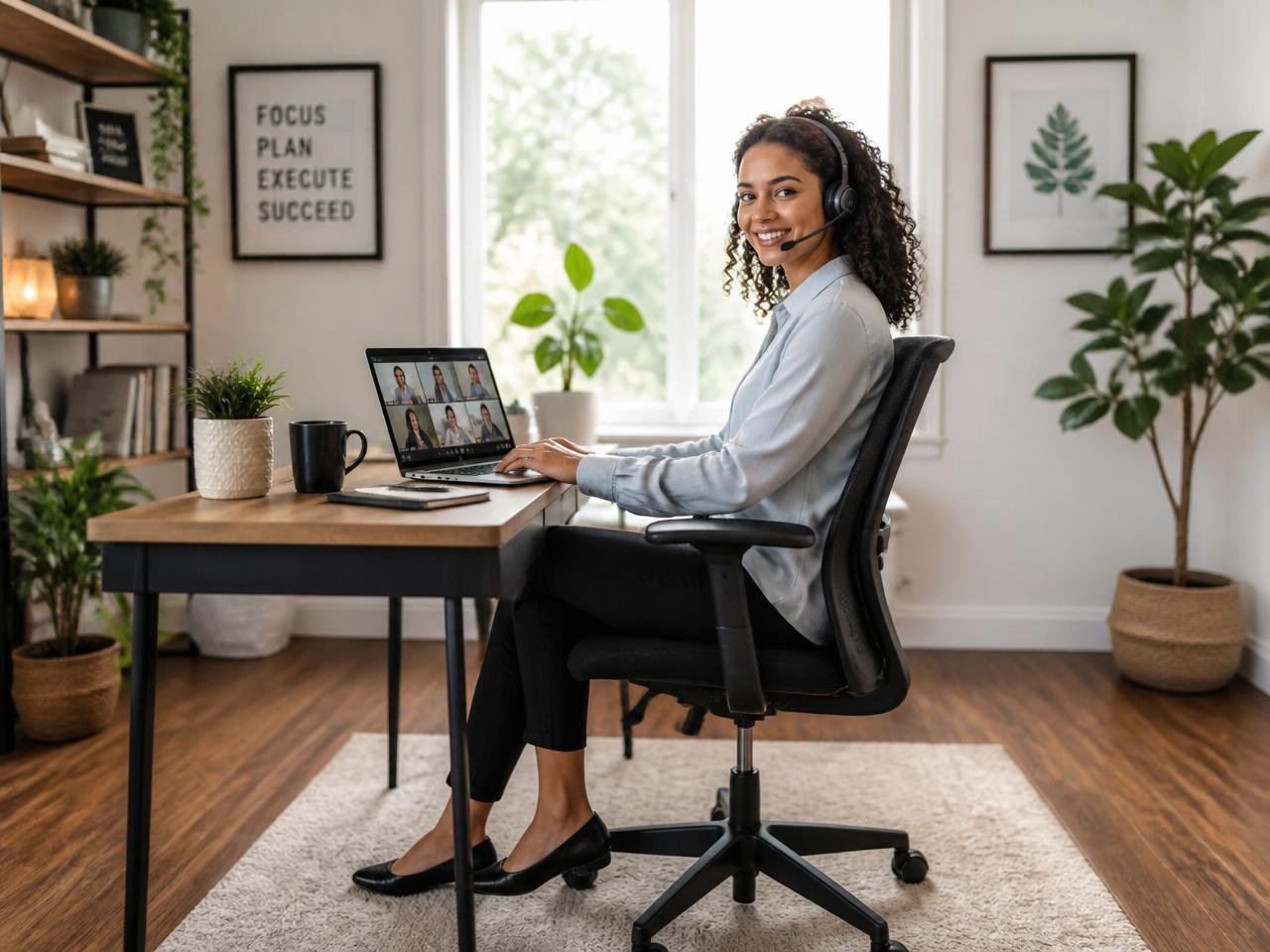 Professional on a video call working from home over reliable Optimum internet